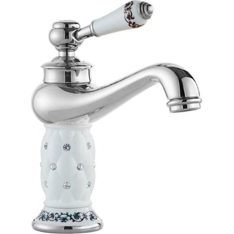 Robinet de lavabo de luxe monotrou avec poignée unique, robinet d'eau chaude et froide (argent, céramique).