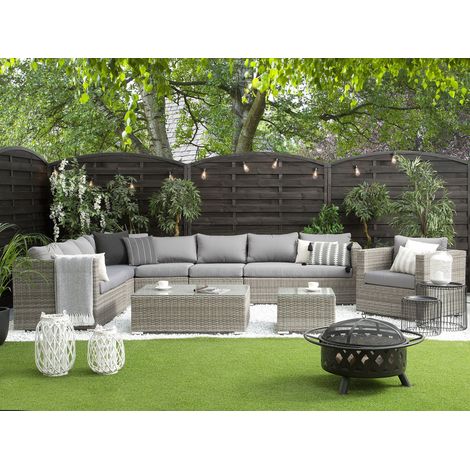 Conjunto de jardín para 8 personas con sofá esquinero otomana y cojines de ratán sintético gris XXL (1/5)