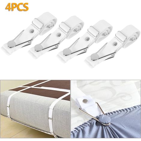 4-teiliges Bettwäscheset mit verstellbaren Spannbettlakenclips, rutschfesten Spannbettlakenclips und elastischen Matratzenclips, geeignet für den Einsatz im Schlafzimmer.