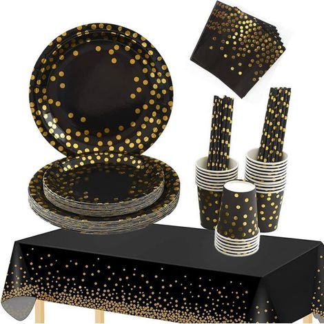 16 pièces vaisselle jetable, or noir, nappe 137 x 274 cm, assiettes 17,8 et 22,8 cm, gobelets 9 oz, serviettes et pailles, fête anniversaire mariage BBQ
