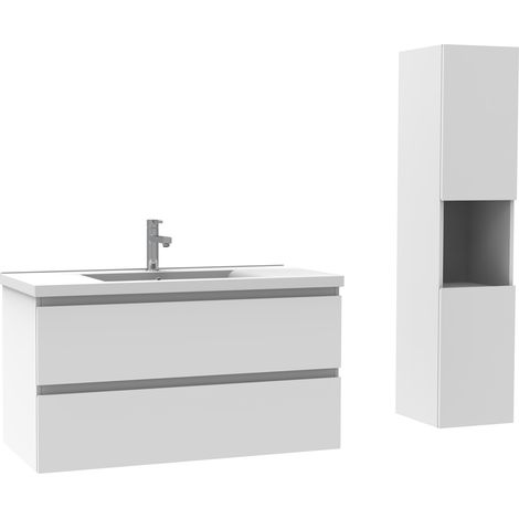 Ocean Ensemble meuble Salle de Bain simple vasque décor blanc 100cm+ vasque + colonne (1/5)