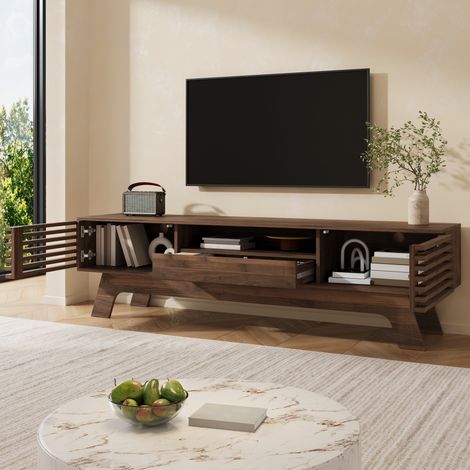 Meuble TV avec 2 Portes à Lattes, Tiroir et Niche Ouverte, Passe-Câbles, Meuble Bas Salon en MDF avec des Pieds Inclinés - Noyer (1/5)