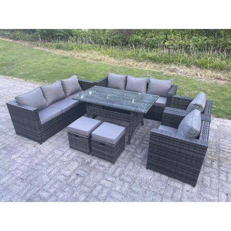 Fimous – Outdoor lounge sofa set 10 seater – Dark grey mixed rattan – Rectangular dining table 140cm – 2 armchairs & 2 footstools – Durable galvanized steel (1/5)