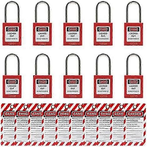 10 cadenas de consignation rouges avec 10 étiquettes de consignation, à clés différentes, cadenas de sécurité conformes (1/5)