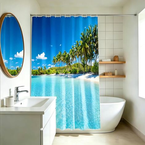 Rideau de Douche 200 x 220 cm Motif océan Plage mer Palmiers (1/5)