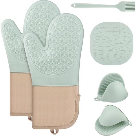 Lot de 6 gants de cuisine, anti-casseroles, résistants à la chaleur, en coton et silicone, adaptés pour la cuisine, la pâtisserie, le barbecue (vert menthe) (1/5)