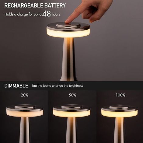 Lampe de bureau LED argentée et portable avec capteur tactile et 3 niveaux de luminosité