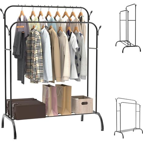 Cintre robuste en métal, taille 110x55x150 cm, double tringle à vêtements indépendante, charge maximale 110 kg, avec étagère à chaussures mobile, étagère de rangement pour chambres à coucher, bureaux, (1/5)