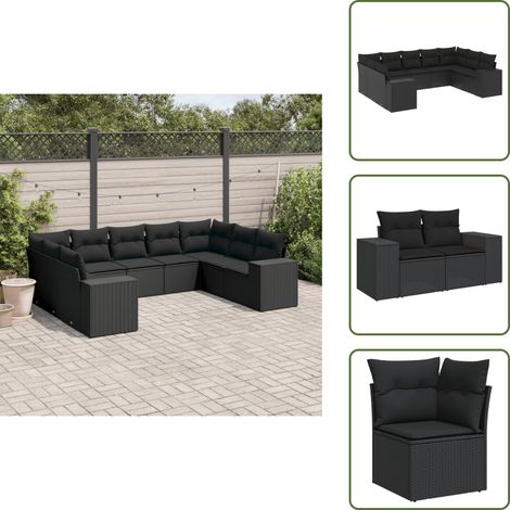 9-tlg. Garten-Sofagarnitur mit Kissen Schwarz Poly Rattan - Gartengestelle - Gartenmöbelset - Outdoor Möbel - Lounge Set - Rattan Gartenmöbel (1/5)
