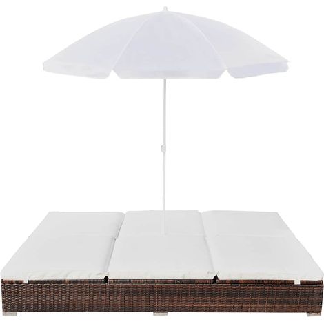 Lettino Prendisole  Sdraio con Ombrellone in Polyrattan Marrone (1/5)