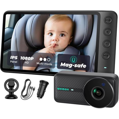 Magnetische Baby-Autokamera, 12,7 cm (5 Zoll), 1080P HD IPS, magnetische Halterung Display, Auto-Nachtsicht, 360° Drehung mit Split- und Zoom-Modus, USB-betriebene Autositzkamera für nach hinten (1/5)