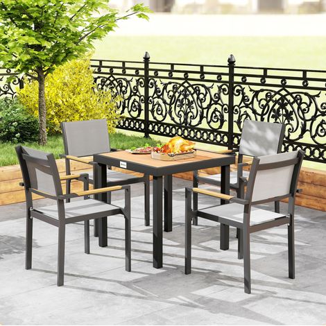 Table de jardin en aluminium finition bois naturel 78 x 78 x 74 cm, plateau aspect bois, pieds réglables antidérapants (1/5)