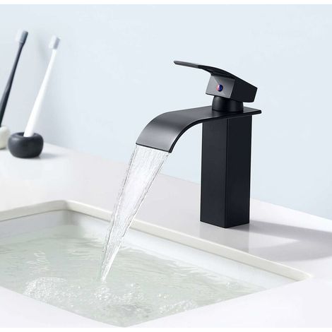Wasserfall-Waschtischmischbatterie mit 114 mm Auslaufhhe, schwarzer Badezimmerhahn mit heiem und kaltem Wasser verf��gbar, stilvoller Messing-Waschtischmischer (1/3)