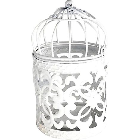 Porte-bougie suspendu ajouré en forme de petite cage à oiseaux, style vintage, en métal blanc. Peut être suspendu ou posé sur une table. Accessoire de fête. (1/5)
