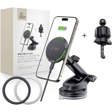 Tech-protect MM15W-V7 QI2 Caricabatterie wireless magnetico per cruscotto e bocchette di ventilazione, 15W, nero (1/5)