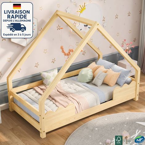Letto per bambini 90 x 200 cm - Letto a soppalco 90 x 200 cm - Con rete a doghe e sponde - Scandinavo - Legno certificato PEFC - Con protezione anticaduta - Legno massello naturale - Colore naturale (1/5)