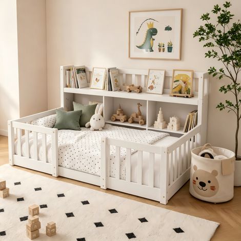 Lit simple 90x200 cm avec étagères et barrières, Lit enfant 1 Places, Cadre de lit d'Ado, sans matelas, blanc,Design contemporain pour chambre enfant (1/5)