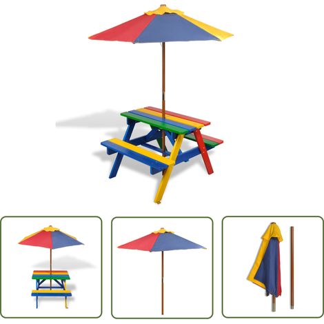 INLIFE Table et bancs de pique-nique avec parasol pour enfants Bois (1/5)