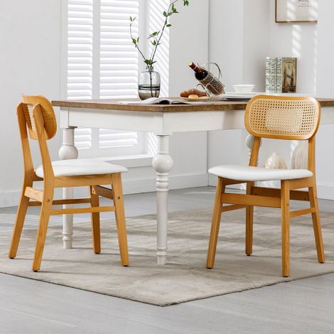 Esszimmerstühle 2er Set Holz mit Rattan Rückenlehne und PU Leder Sitz, Weiß (1/5)