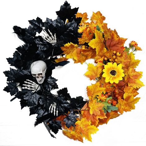 Guirlande De Porte - Couronne D'Extérieur Pour Halloween - Citrouille Noire Fantôme Blanc Feuille D'Érable - 40 X 40 Cm (1/3)