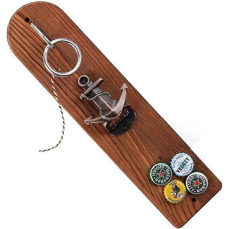 Ouvre-bouteille mural vintage en bois avec récupérateur de capsules (1/5)