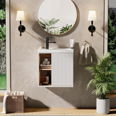 UEV – Meuble lave-mains mural 51 x 30,5 x 54 cm – Lavabo en résine anti-taches – Rangement caché et ouvert – Design moderne blanc