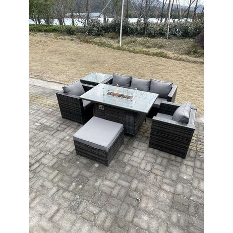 Fimous Outdoor Pe Rotin Garden Furniture Foyer À Gaz Table À Manger Fauteuils Hauts Côtés Table Basse Grand Tabouret Pieds Gris Foncé Mixte (1/4)
