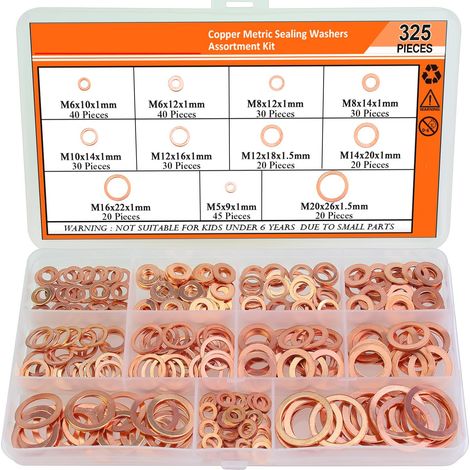 Kit de 325 Rondelles d’Étanchéité en Cuivre, Assortiment de Joints Cuivre Plats Métriques M5 à M20, Rondelles pour Bouchon de Vidange, Huile, Hydraulique, Plomberie et Automobile, Coffret de Rangement (1/4)