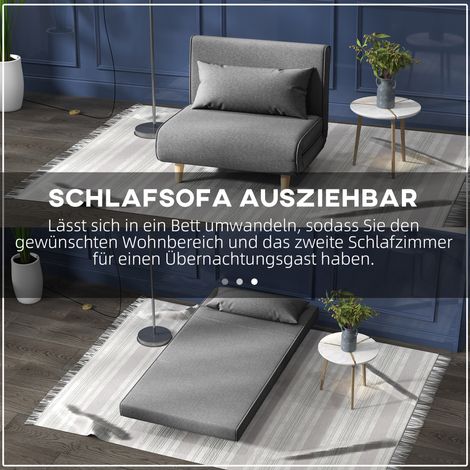 Canapé-lit une place convertible pliant, dossier ajustable, méridienne, design scandinave, mousse 25D, tissu aspect lin, bois d'hévéa, gris, 94x78x80 cm