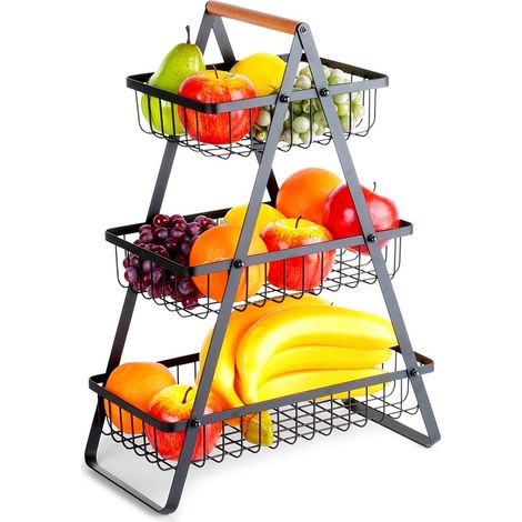Dreistöckiger Korb für Obst und Gemüse, schwarze Metallplatte