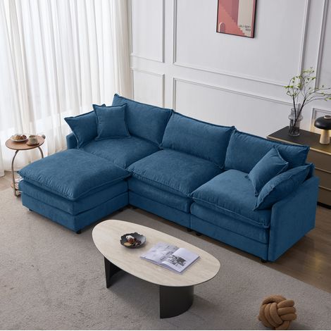Canapé d'angle 3 places 267 x 154 x 85 cm avec pouf mobile, chenille, structure bois - bleu (1/5)