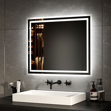 EMKE Wandspiegel mit Beleuchtung 50x60cm Beschlagfrei Kaltweiß Warmweiß Badezimmerspiegel mit Mechanischer Schalter