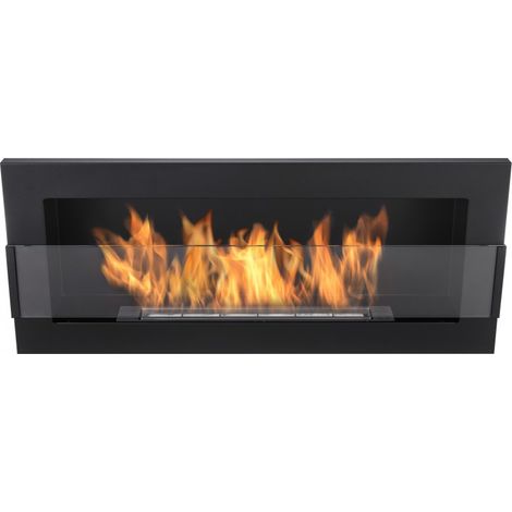 Cheminée au bioéthanol 90 cm avec vitre. Cheminée murale bio à flamme réglable, noire. (1/5)