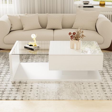 Table basse brillante, Table basse rectangulaire - table basse avec verre et éclairage LED, 1 tiroir, table d'appoint pour salon, style contemporain - Blanc (1/5)
