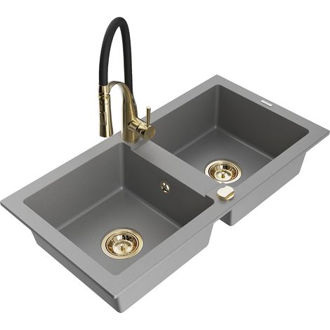 Mexen Mario lavello in granito a 2 vasche con rubinetto da cucina Aster, grigio - 6504-71-73450-57-G (1/5)