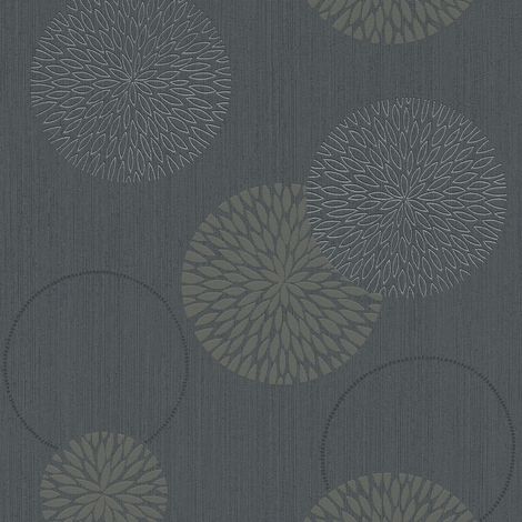 Papier peint anthracite métallique chambre adulte | Papier peint motif rond fleur gris | Tapisserie fleurie moderne grise idéale salon - 10,05 x 0,53 m (1/5)