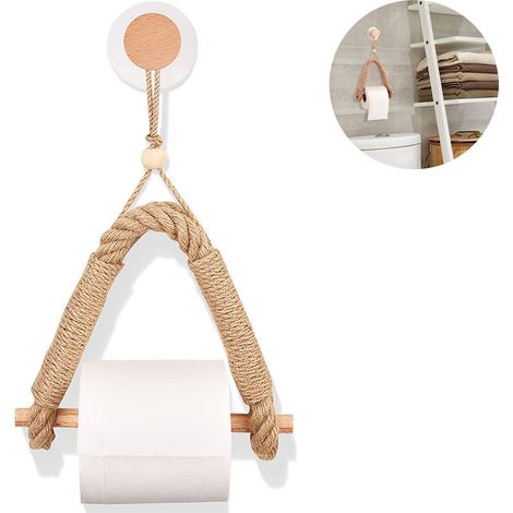 1 Porte-rouleau papier toilette mural, corde jute, style rustique, bois naturel, salle de bain (1/5)