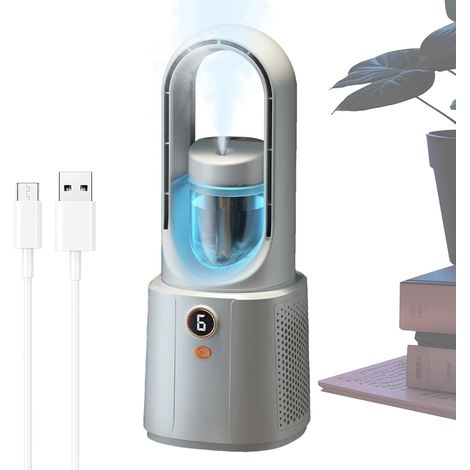 Mini ventilatore senza pale, condizionatore d'aria silenzioso con nebulizzazione, ricarica USB-C, 6 velocità, ideale per ufficio e auto, bianco (1/5)