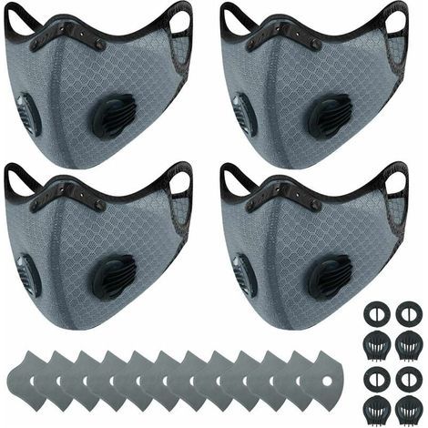 4 masques anti-poussière de sport + 12 filtres à charbon actif, réutilisables, respirants, activités de plein air, travail du bois, tonte et course, cyclisme gris- (1/5)