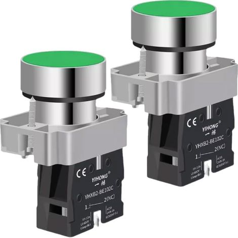 2 pièces Bouton Poussoir Momentané 22mm, NO(Normalement Ouvert), SPST, Vert, 660V 10A (1/5)
