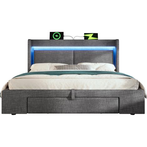 Lit rembourré 140 x 200 cm avec rangement hydraulique et tête de lit avec compartiment de rangement, éclairage LED ainsi que ports USB et USB-C, cadre de lit à lattes en bois, gris, lin, avec matelas (1/5)