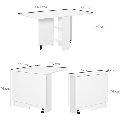 Table de salle à manger pliante, table de cuisine avec rangement à rabat pour 6 personnes, bureau pliant gain de place (avec 2 étagères ouvertes et roulettes verrouillables), pour salon et bureau, 140 (1/5)
