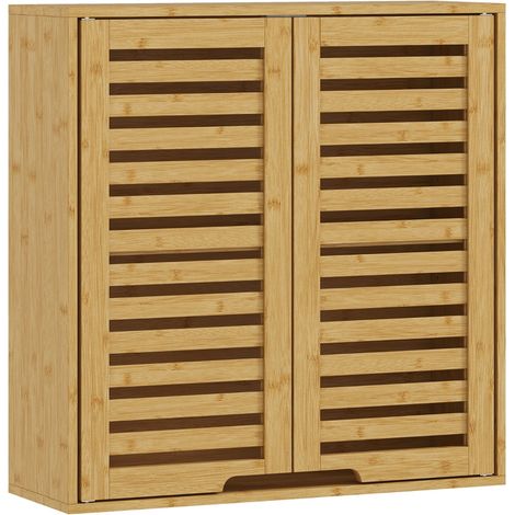 Meuble suspendu en bambou pour salle de bains à portes à lamelles aérées et étagères modulables, 60 x 20 x 60 cm, bois naturel