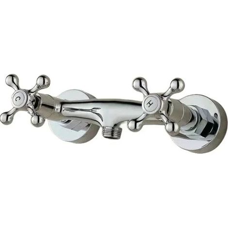(Vers le bas) Robinet de douche mural à double commande, en laiton poli et acier inoxydable. (1/5)