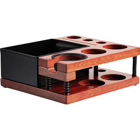 Station de préparation d'espresso 2 en 1, boîte de préparation, porte-outils de distribution à 2 niveaux, porte-filtre universel 51-58 mm, cafetière en bois naturel avec support télescopique à ressort (1/3)