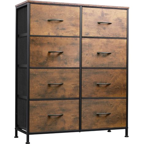 Commode Tiroirs, Tour Rangement Tissu pour Chambre, Couloir, Entrée, Placard, Unité Haute Bacs Tissu, Cadre Acier, Plateau Bois (Brun Rustique) (1/5)