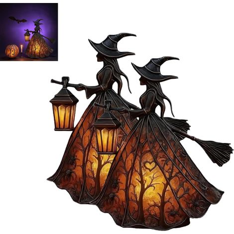 Lot de 2 Lampes Halloween Chapeau de Sorcière Gothique, Lampes de Table LED Style Vitrail, Décoration Magique pour Maison et Fête (1/5)