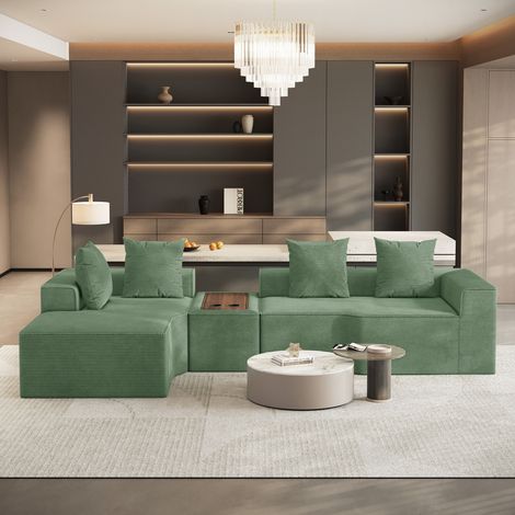 Divano angolare modulare a 3 posti a sinistra in velluto a coste compresso,con tavolino multifunzionale integrato,320x152x59cm,verde