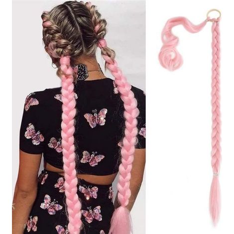 Extensions de Cheveux en Queue de Cheval Tressée Bricolage, Queue de Cheval Longue Droite, Adaptés à l'usure rose (1/5)