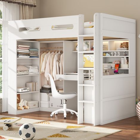 Lit mezzanine 90x200 rangement tiroirs étagères LED USB blanc (1/5)